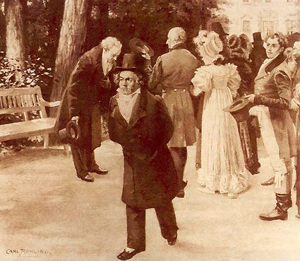 Et maleri af Beethoven og Goethe, der møder den kejserlige familie på en gade. Goethe bøjer sig dybt, mens Beethoven går stolt forbi.