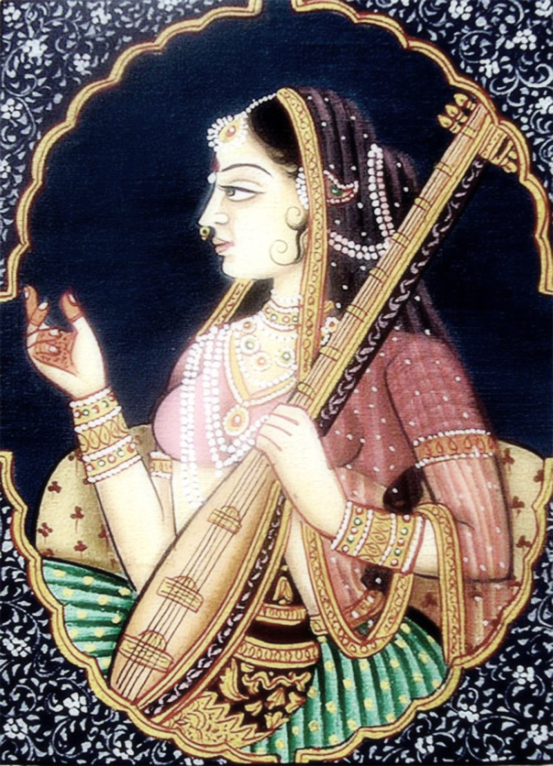 Portræt af en kvinde, Mirabai, der stirrer op mod et billede af Krishna.