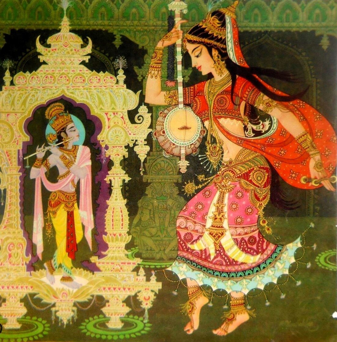Et maleri, der viser Mirabai, der danser for Sri Krishna.